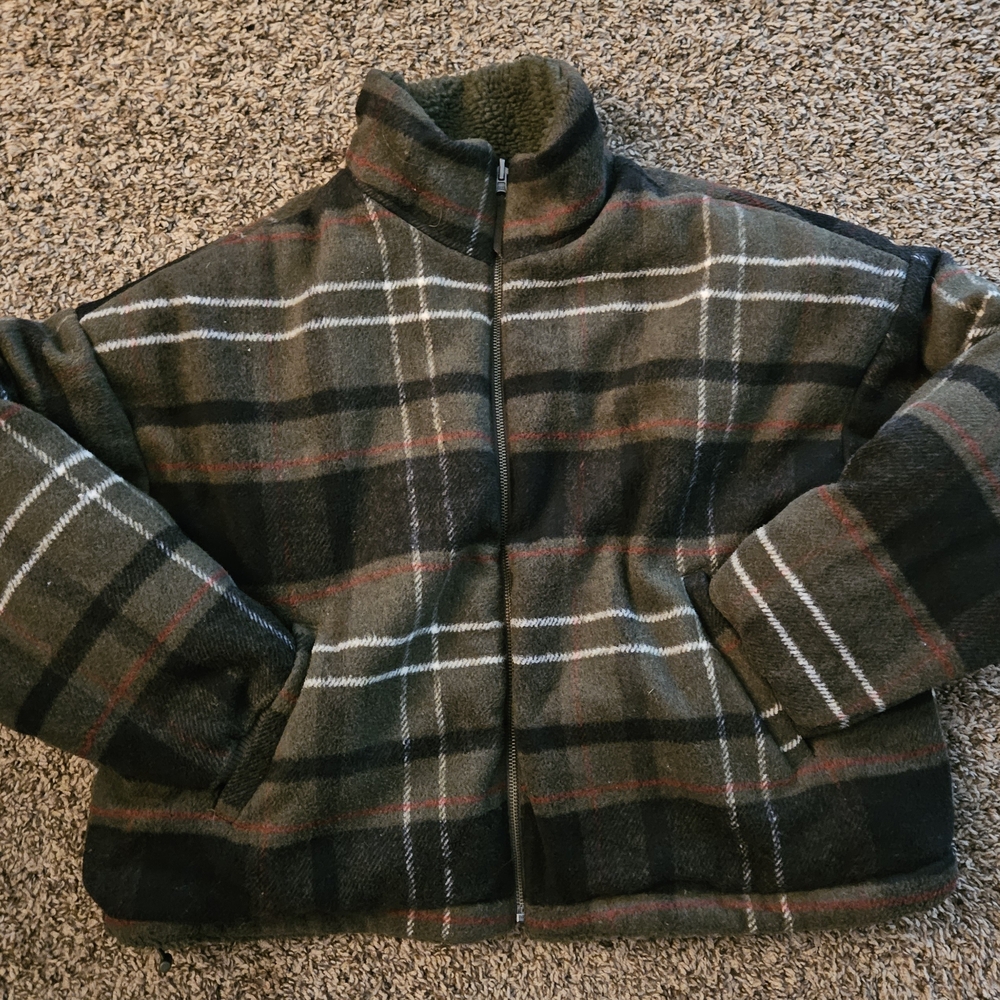 American Eagle Outfitters Checkered Teddy Jacket - Olive and Charcoal